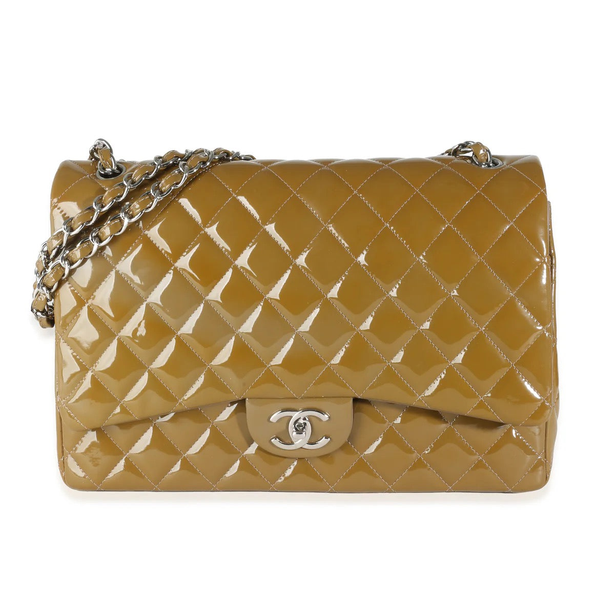 Chanel Classic Maxi Single Flap Patent Dark Beige Khaki 14-Series NEVER CARRIED