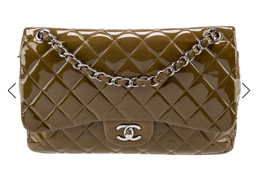 Chanel Classic Maxi Single Flap Patent Dark Beige Khaki 14-Series NEVER CARRIED
