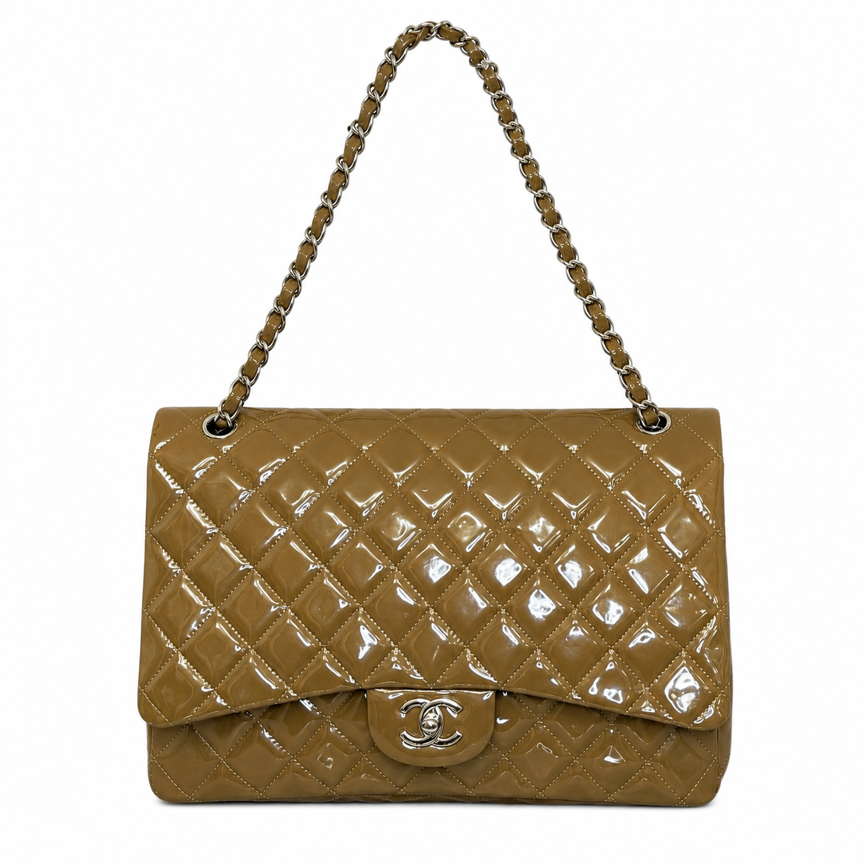 CHANEL Classic Maxi Single Flap Bag in Olive/Khaki Patent Leather
