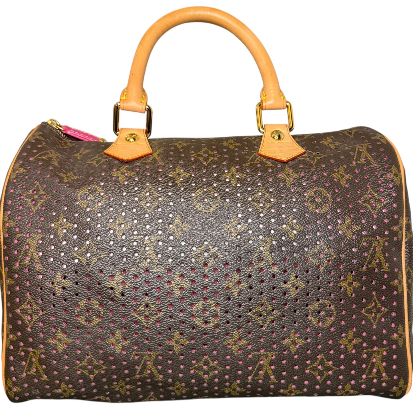 Louis Vuitton Speedy 30 in Monogram Perforated canvas with fuchsia underlay, rear view.