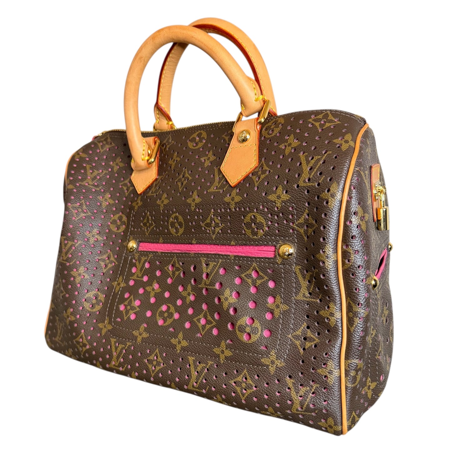 Louis Vuitton Speedy 30 in Monogram Perforated canvas with fuchsia underlay, three-quarter view