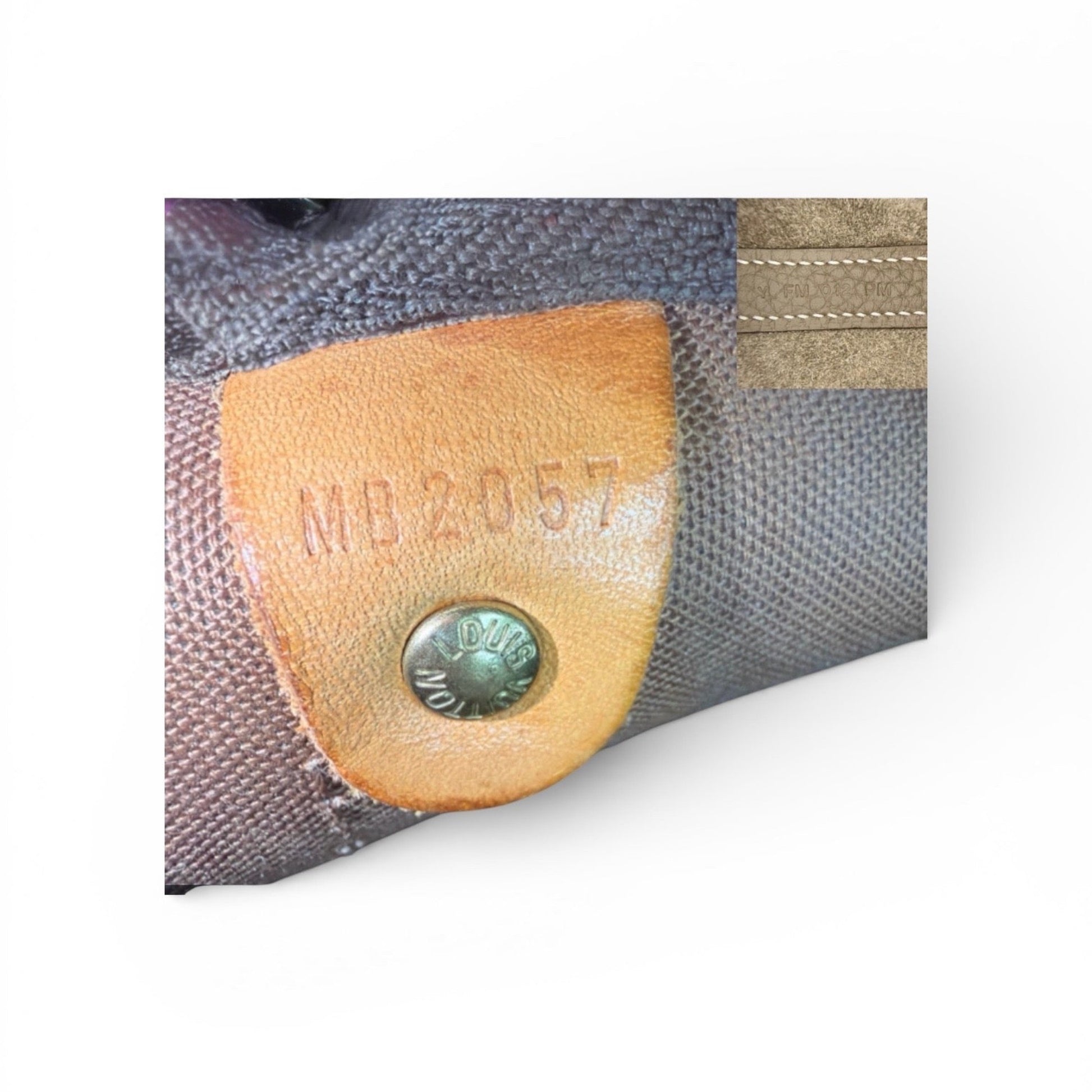 Louis Vuitton date code stamp MB2057 on interior leather tab of Batignolles Horizontal tote