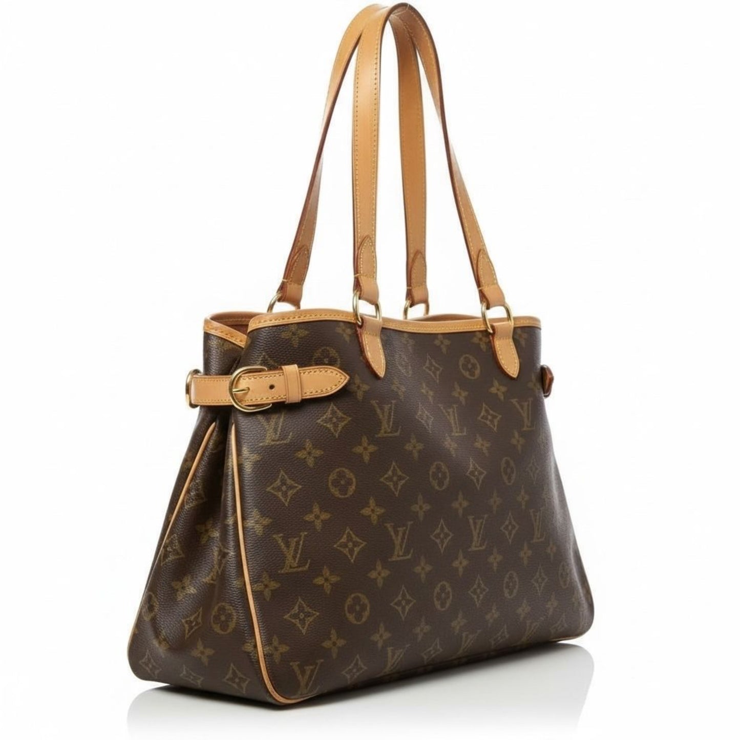 Louis Vuitton Batignolles Horizontal Monogram tote, three-quarter view showing structure and vachetta straps