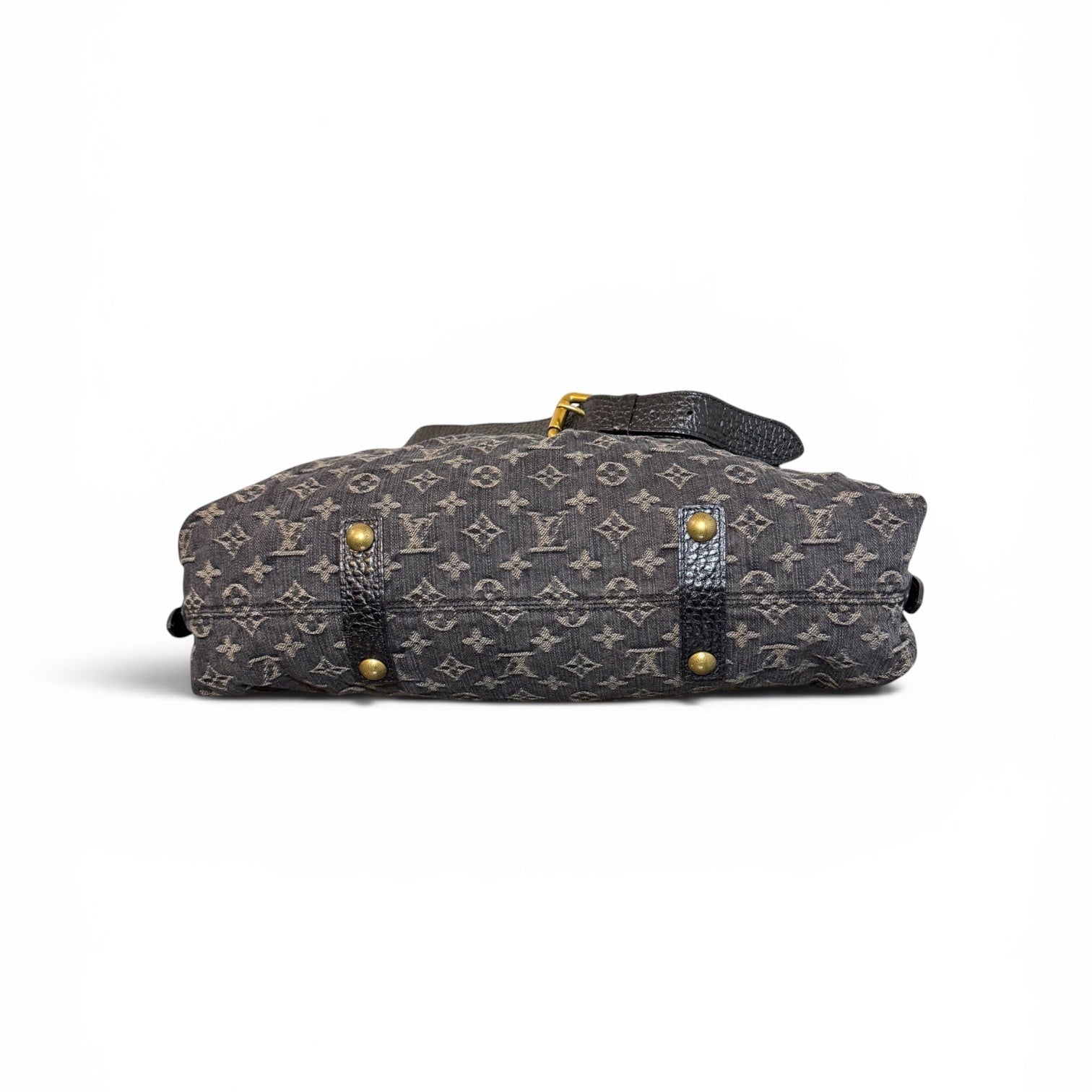 Bottom view of Louis Vuitton Neo Cabby Denim GM with protective feet and black monogram denim.