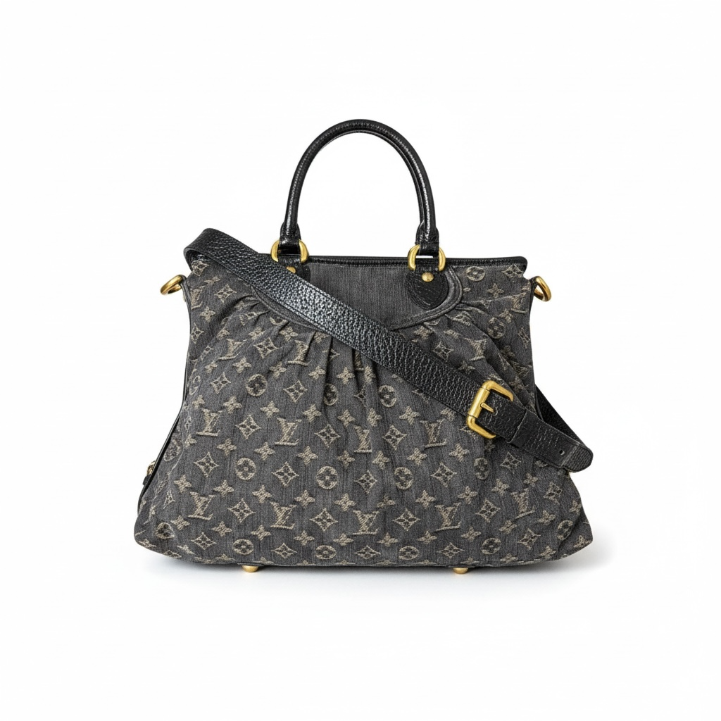 Louis Vuitton Neo Cabby Denim GM in Noir with black leather trim, pleated monogram denim, and gold-tone hardware.