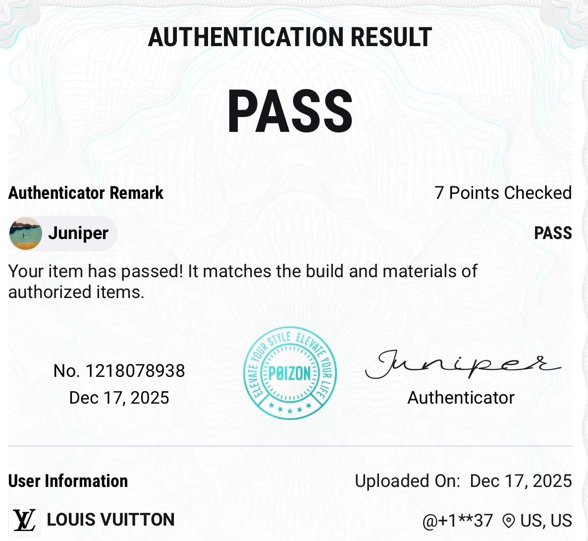 POIZON authentication result showing PASS fro Louis Vuitton item, record number 1218078938