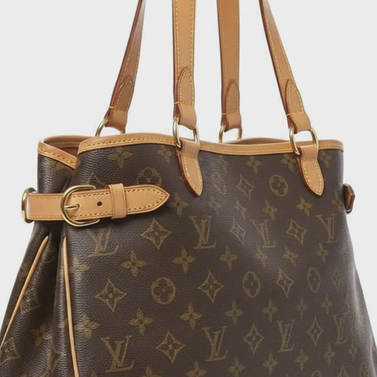Video of Louis Vuitton Batignolles Horizontal Monogram tote showing structure, side gussets, and vachetta trim