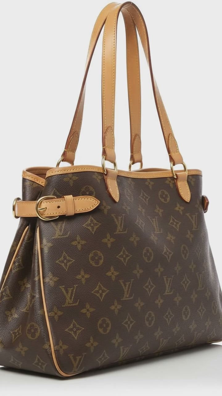 Video of Louis Vuitton Batignolles Horizontal Monogram tote showing structure, side gussets, and vachetta trim